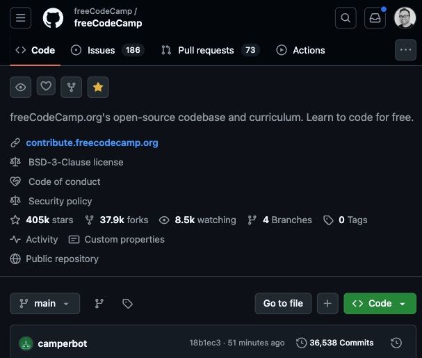 freecodecamp GitHub リポジトリのスクリーンショット