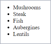 A list of products: Mushrooms, Steak, Fish, Aubergines, Lentils