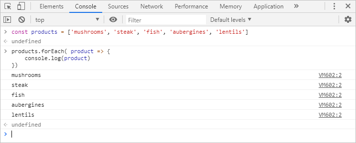 The code executed in the console shows the name of each product from the array printed to the console