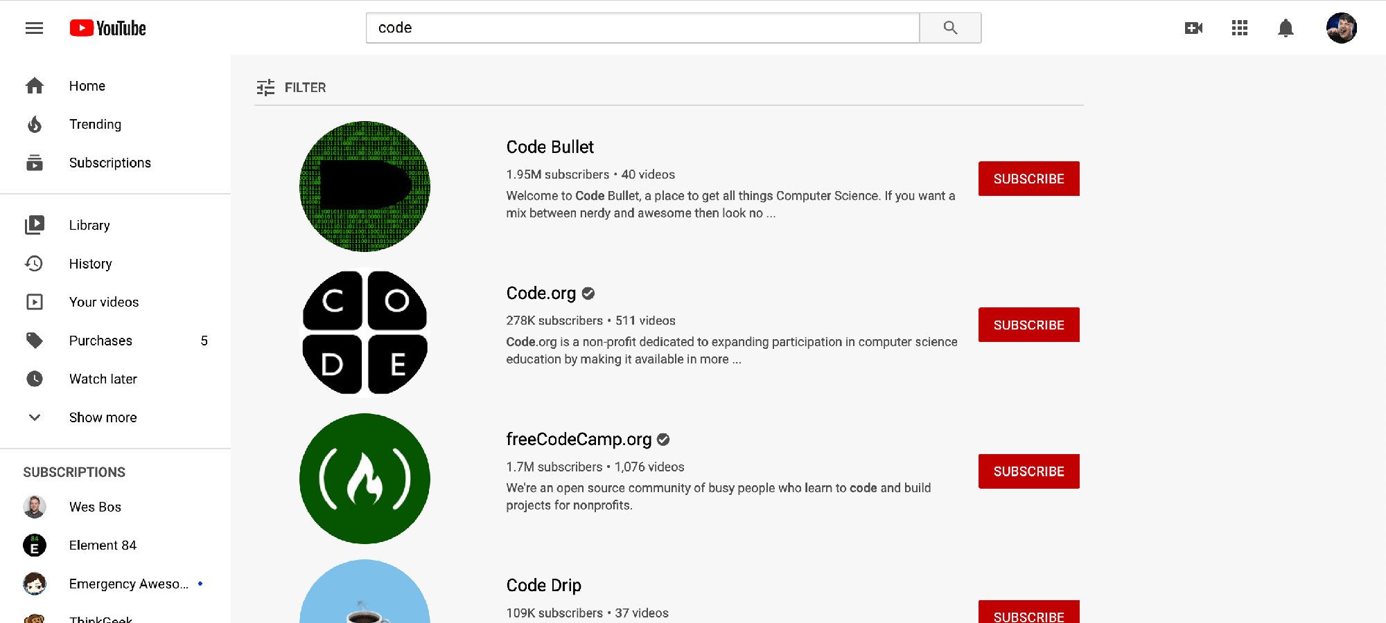 searching for code channels on youtube