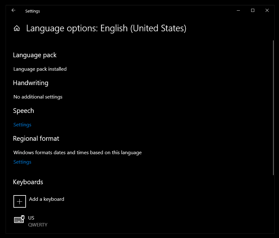 The Windows 10 English Language Options menu.
