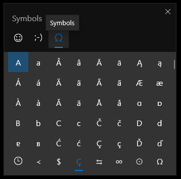 The Windows 10 emoji panel's Symbol options.