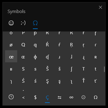 Selecting the œ character in the Windows 10 emoji picker.
