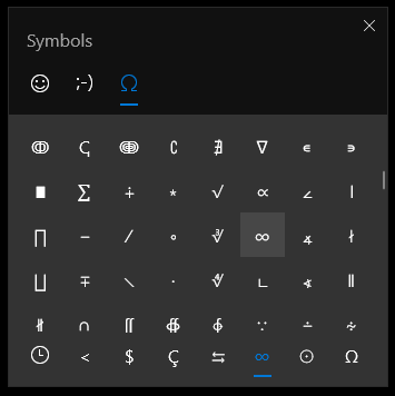 Selecting the ∞ character in the Windows 10 emoji picker.