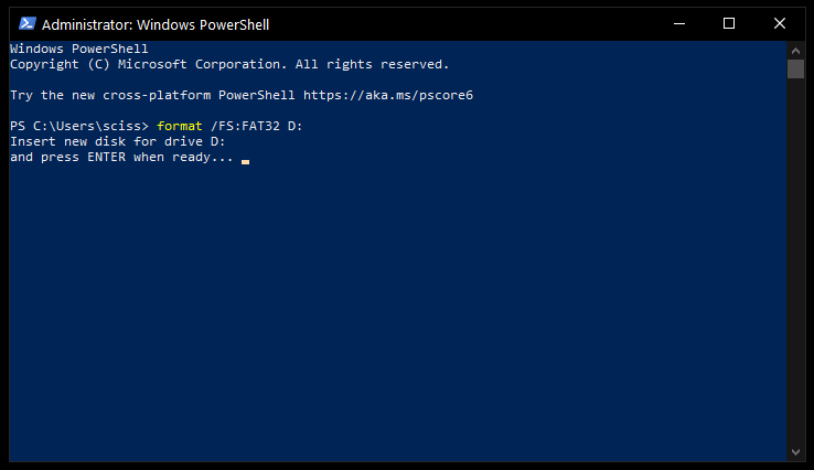 Using PowerShell to run the format command