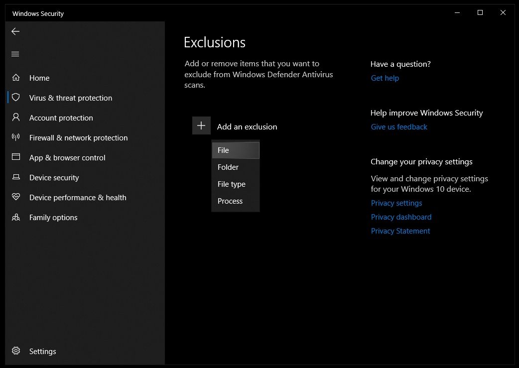 Screenshot of selecting "File" from the "Exclusions" menu