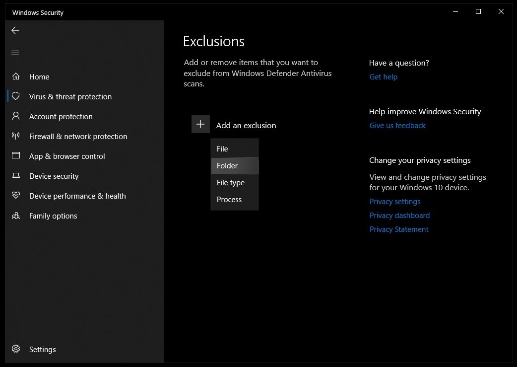 Screenshot of selecting "Folder" from the "Exclusions" menu