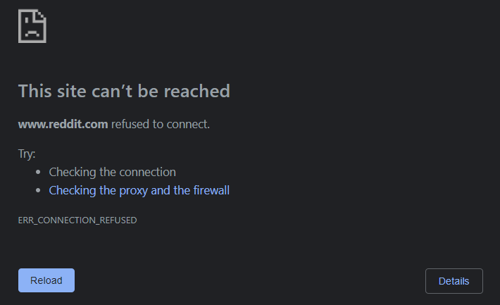 Screenshot of error message after blocking reddit.com in the hosts file and visiting it in the browser