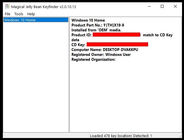 Screenshot of the Windows product key in Magical Jellybean KeyFinder
