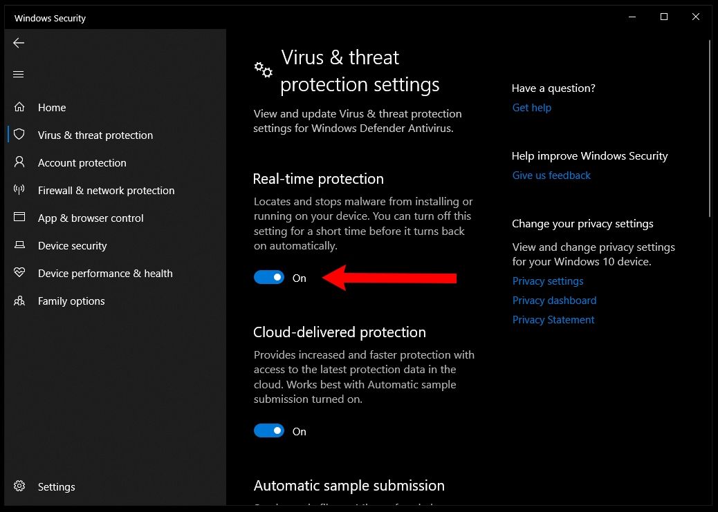 Check that the "Real-time" protection toggle is on