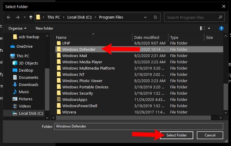 Screenshot selecting Windows Defender folder
