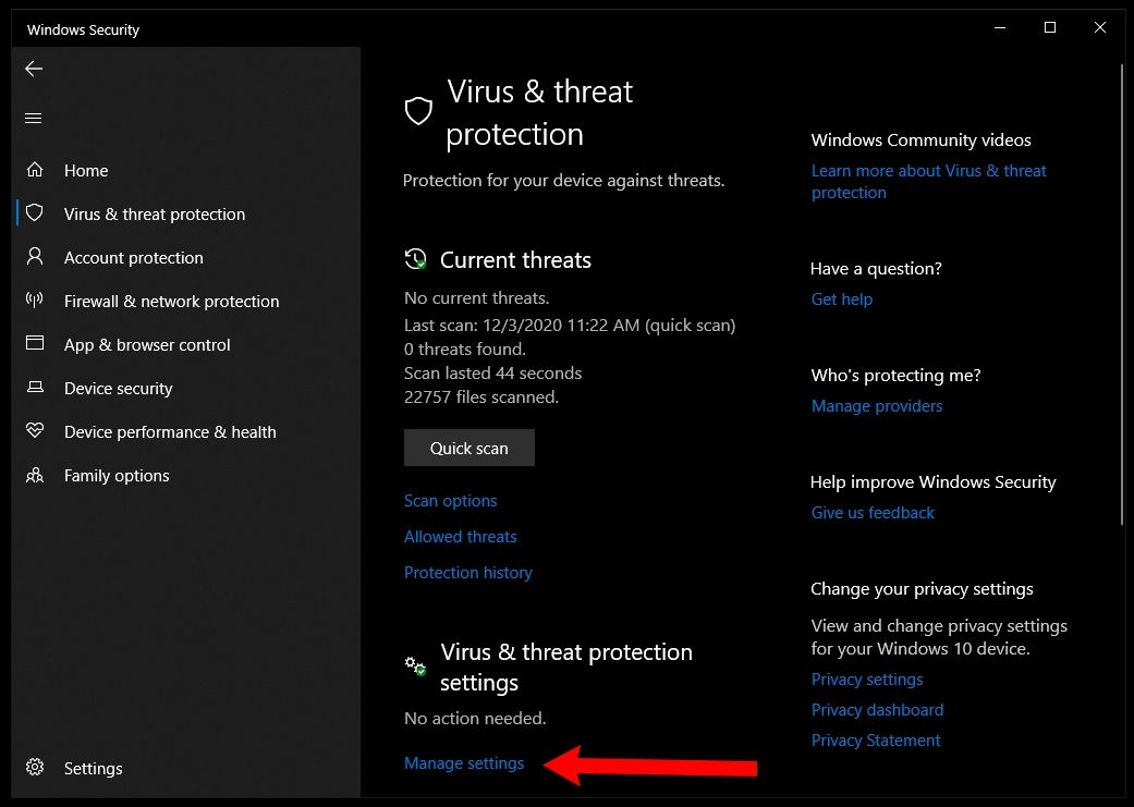 Screenshot of the "Virus & threat protection" menu