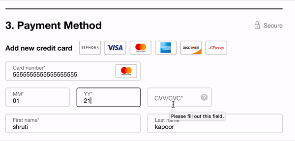 Validation error for incorrect credit card number