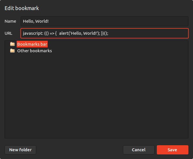 The "Edit bookmark" modal when creating a new bookmark in Chromium.