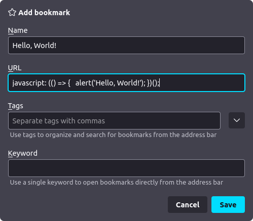 The "Add bookmark" modal when creating a new bookmark in Firefox.