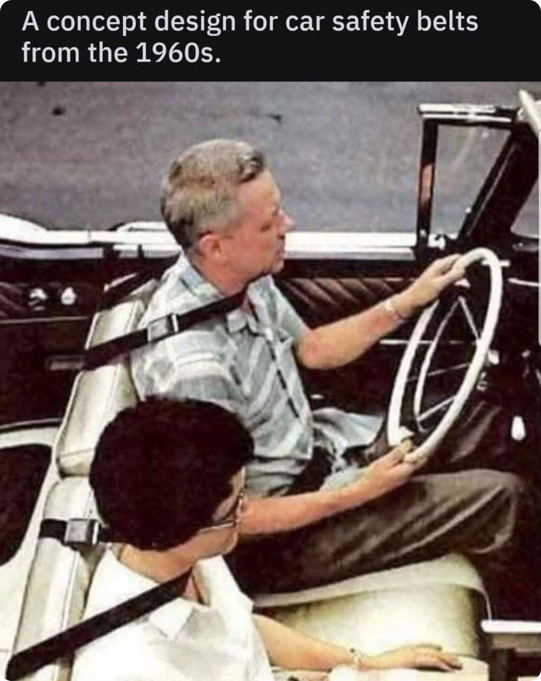 A concept seat belt design from the 1960s which went around people's necks.