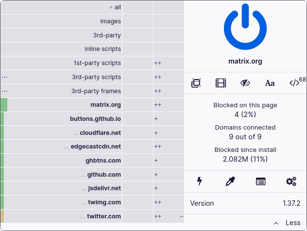 The uBlock Origin interface, it contains all actions that can be performed such as blocking media, fonts, or elements on the current page.