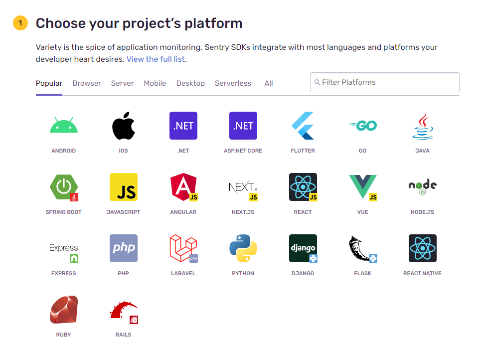 Sentry's "Choose your project's platform" screen