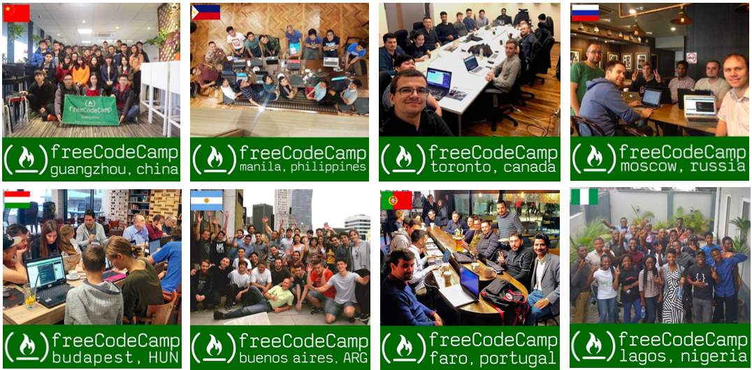 Photos of tech events from freeCodeCamp groups in China, the Philippines, Canada, Nigeria, and other countries.