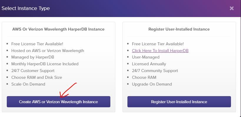 select HarperDB instance type