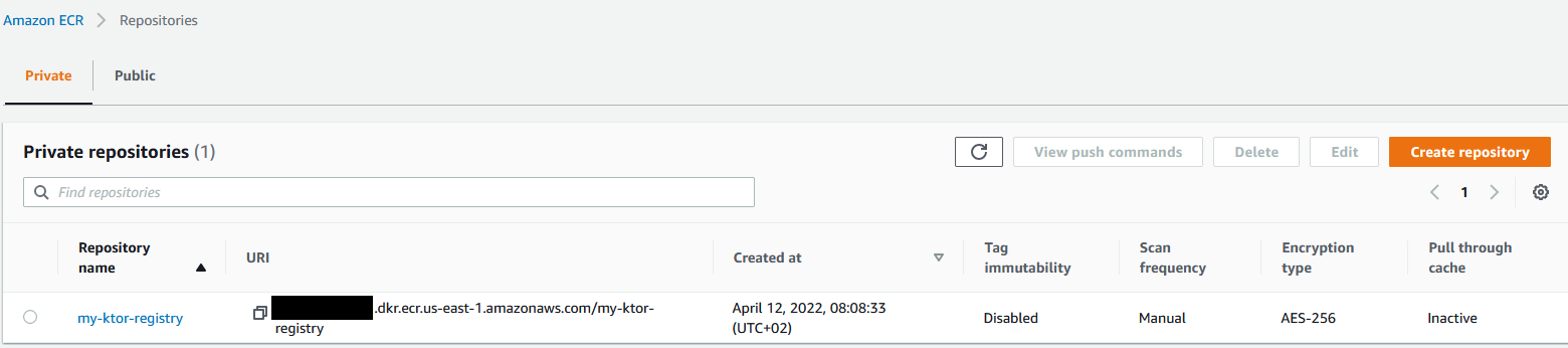 Image presents private repositories with one item- my-ktor-registry on the list