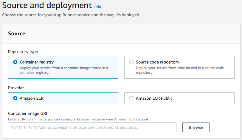 Image presents source  and deployment settings for new deployment