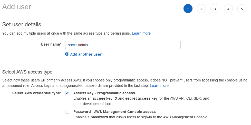 Image shows user name and AWS access type options for new user