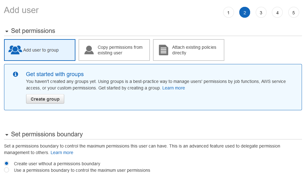 Image shows permissions and permissions boundary settings for new user