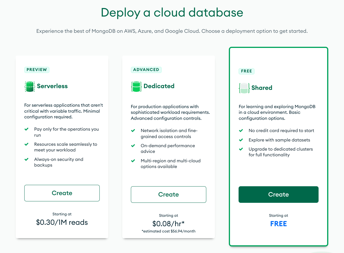 The "Deploy a cloud database" page showing the free Shared cluster type as last option on the far-right, after the Serverless and Dedicated cluster types.