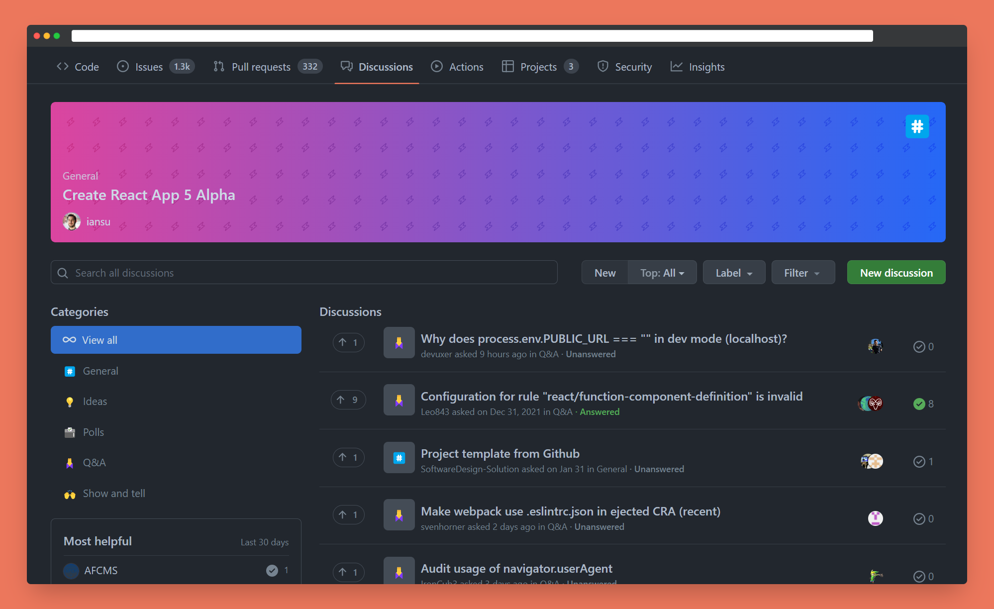 GitHub discussions page