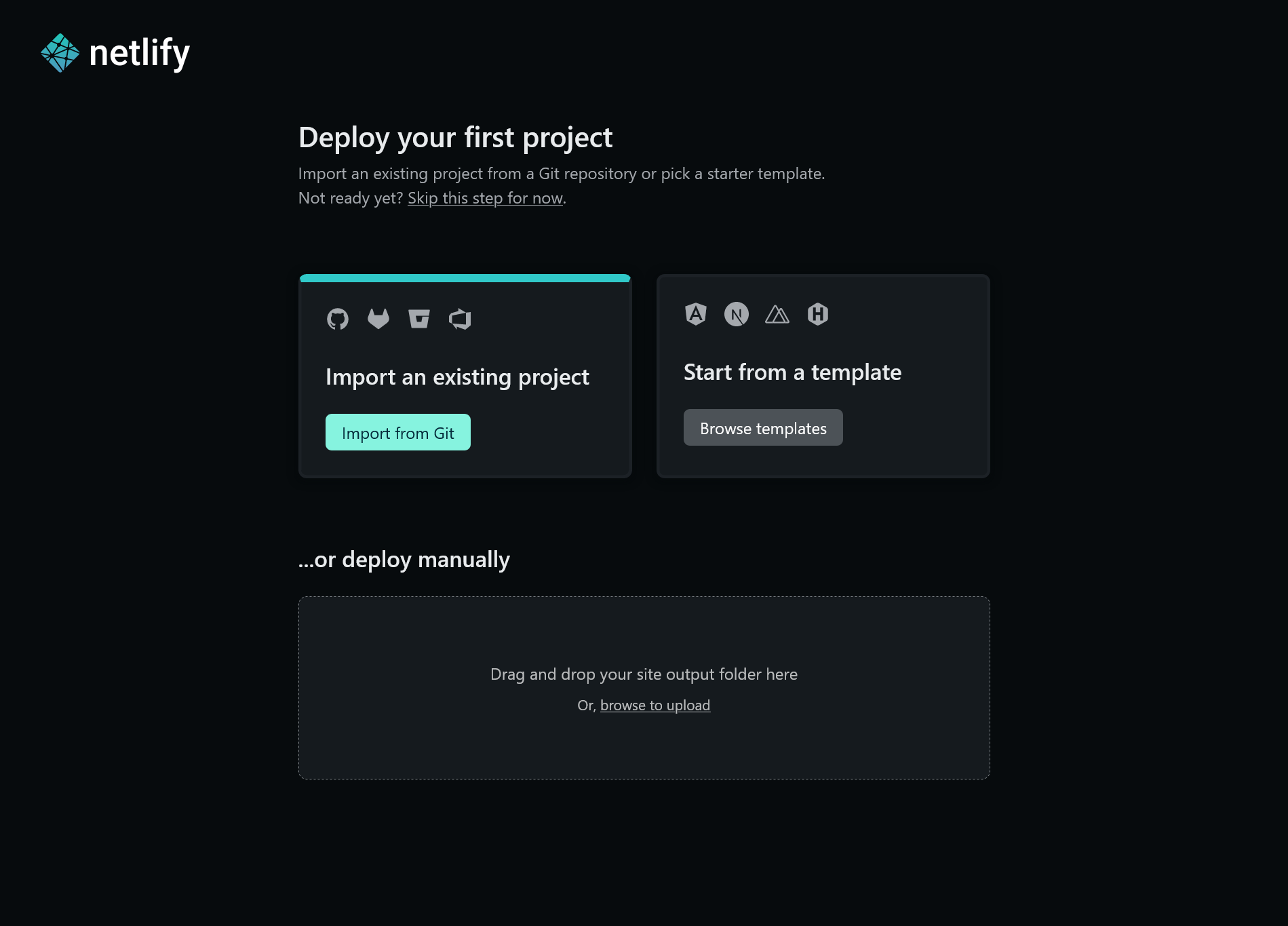 Netlify project start screen.