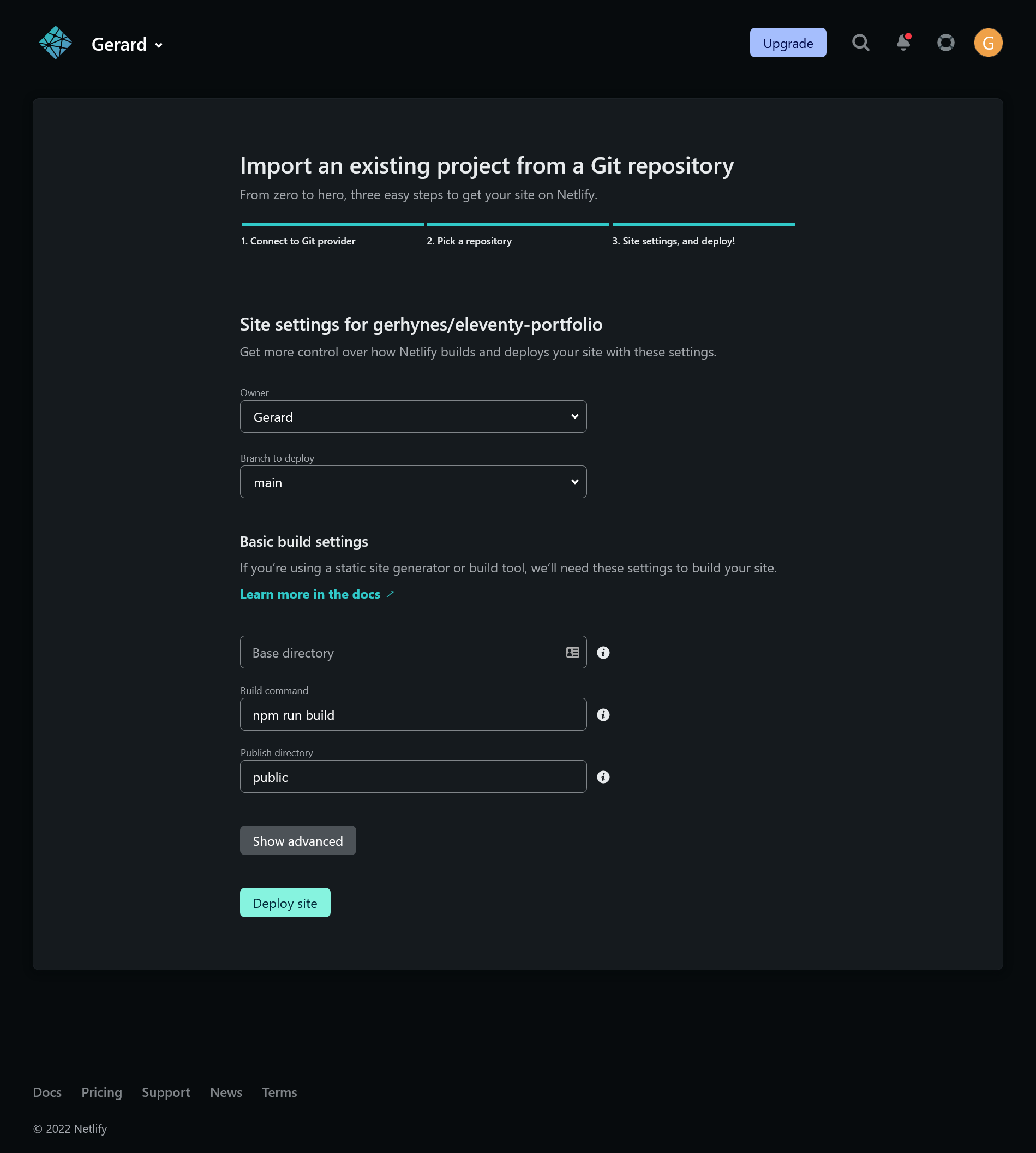 Netlify build settings page.