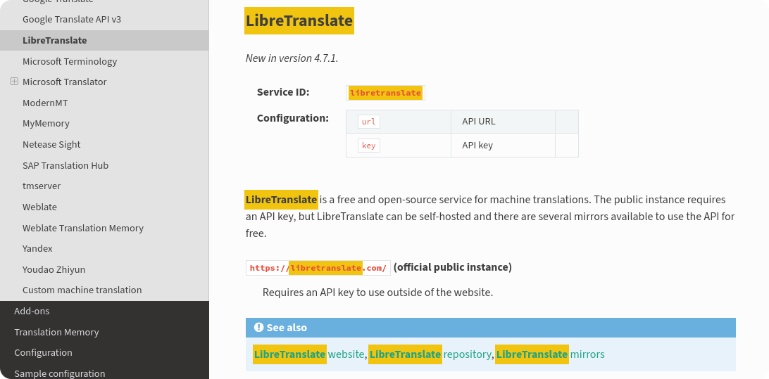The Weblate documentation open on the Machine Translations page. The highlight query parameters is specified, so all instances of the word "LibreTranslate", not case-sensitive, are highlighted.