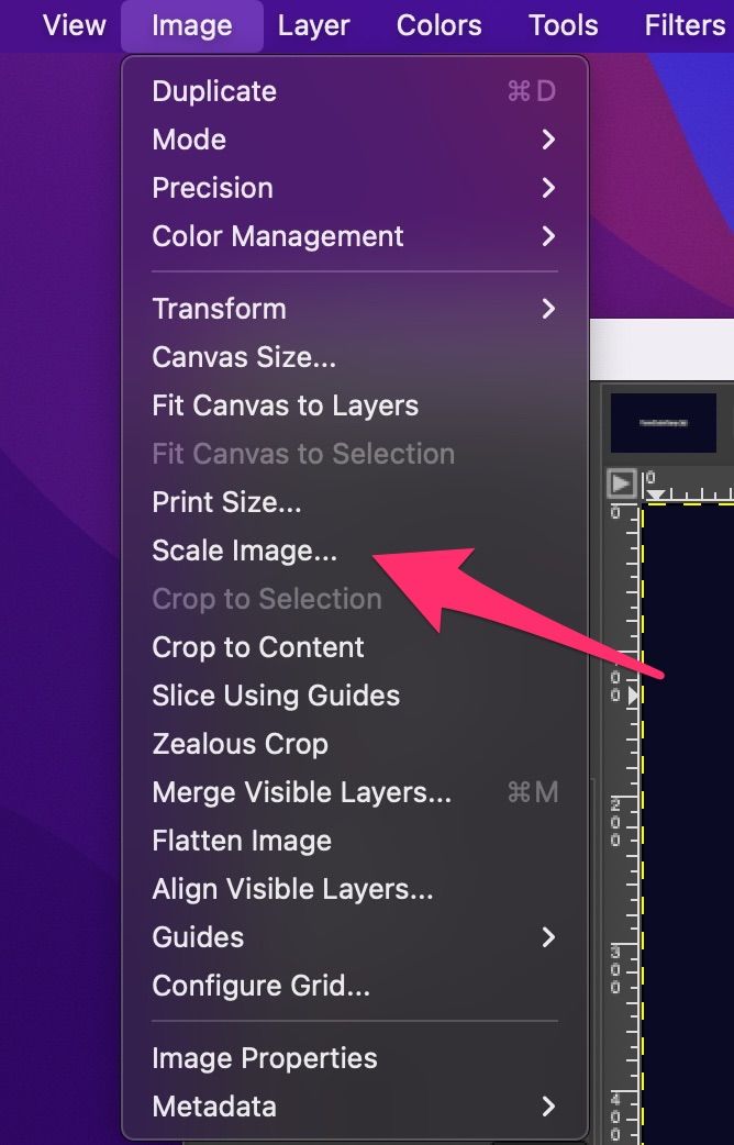 The "Image" menu dropdown with an arrow pointing to the "Scale Image" menu option
