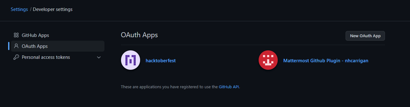 GitHub OAuth Apps view, showing a hacktoberfest and mattermost application that have been previously authorised.