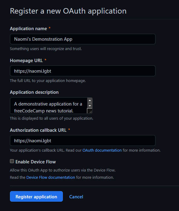 The new OAuth application page, showing form fields for Application name, homepage URL, application description, and authorisation callback URL.