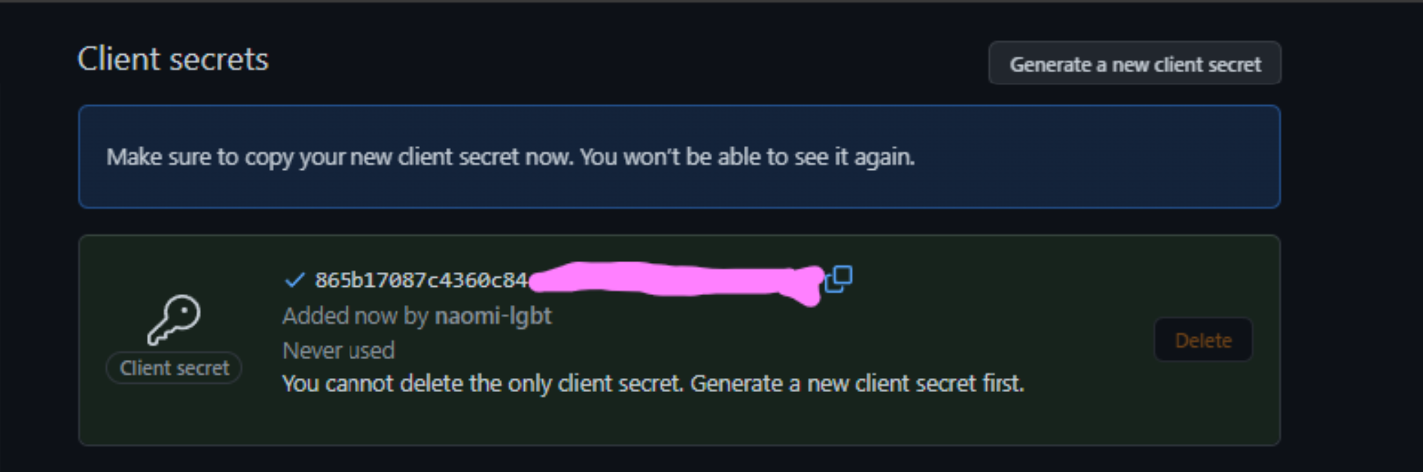 The new client secret (obfuscated for security in this image)