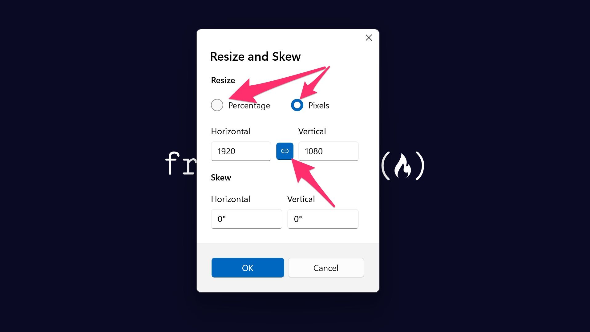 Microsoft Paint's "Resize and Skew" dialog box
