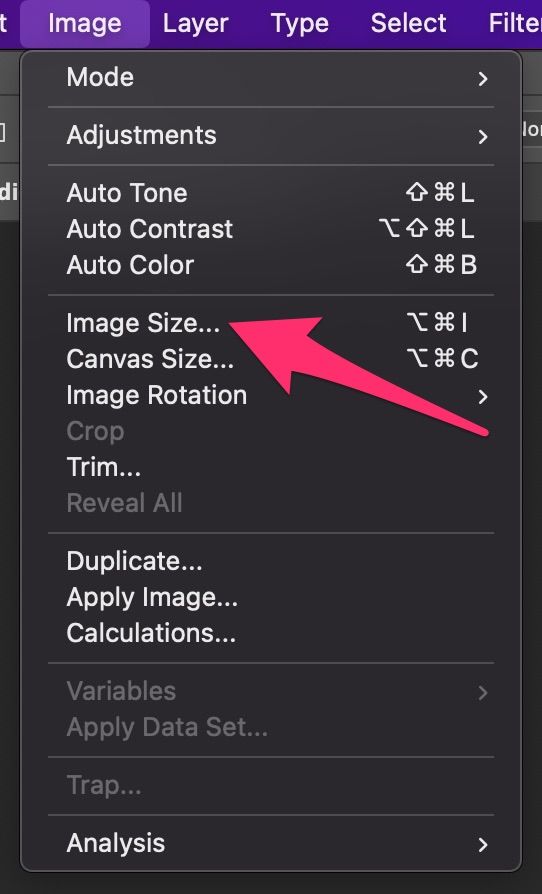The "Image" menu dropdown with an arrow pointing to the "Image Size" menu option