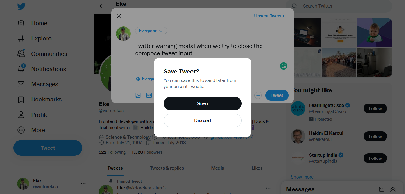 Twitter warning modal window