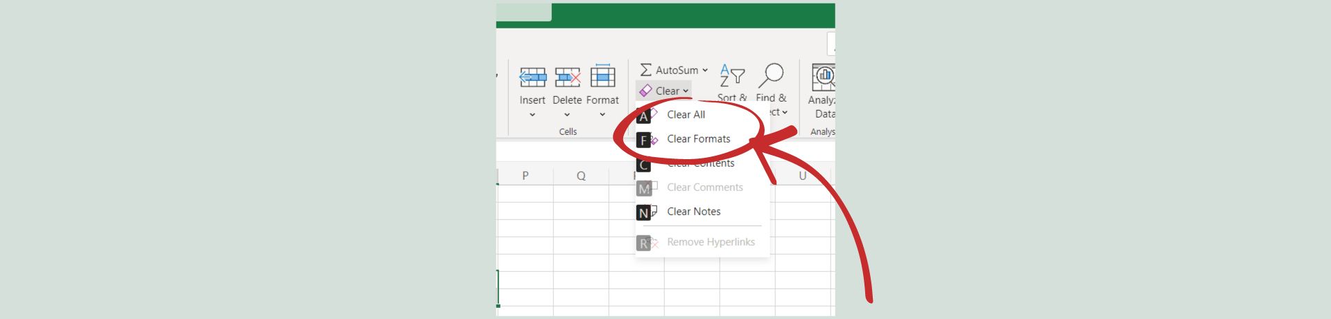 Excel screenshot of clear formats command