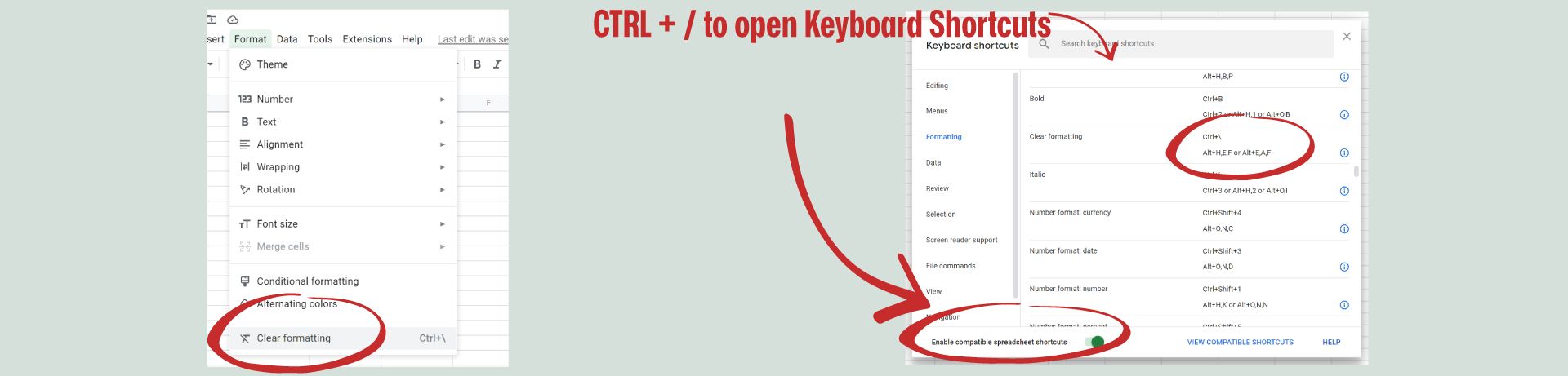 Google Sheets Screenshot of format and keyboard shortcuts menus