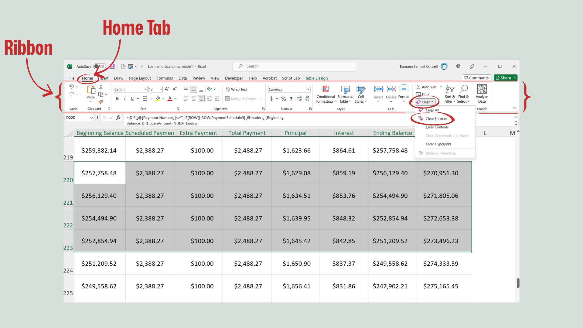 Excel screenshot of the Ribbon, Home Tab and Clear selection