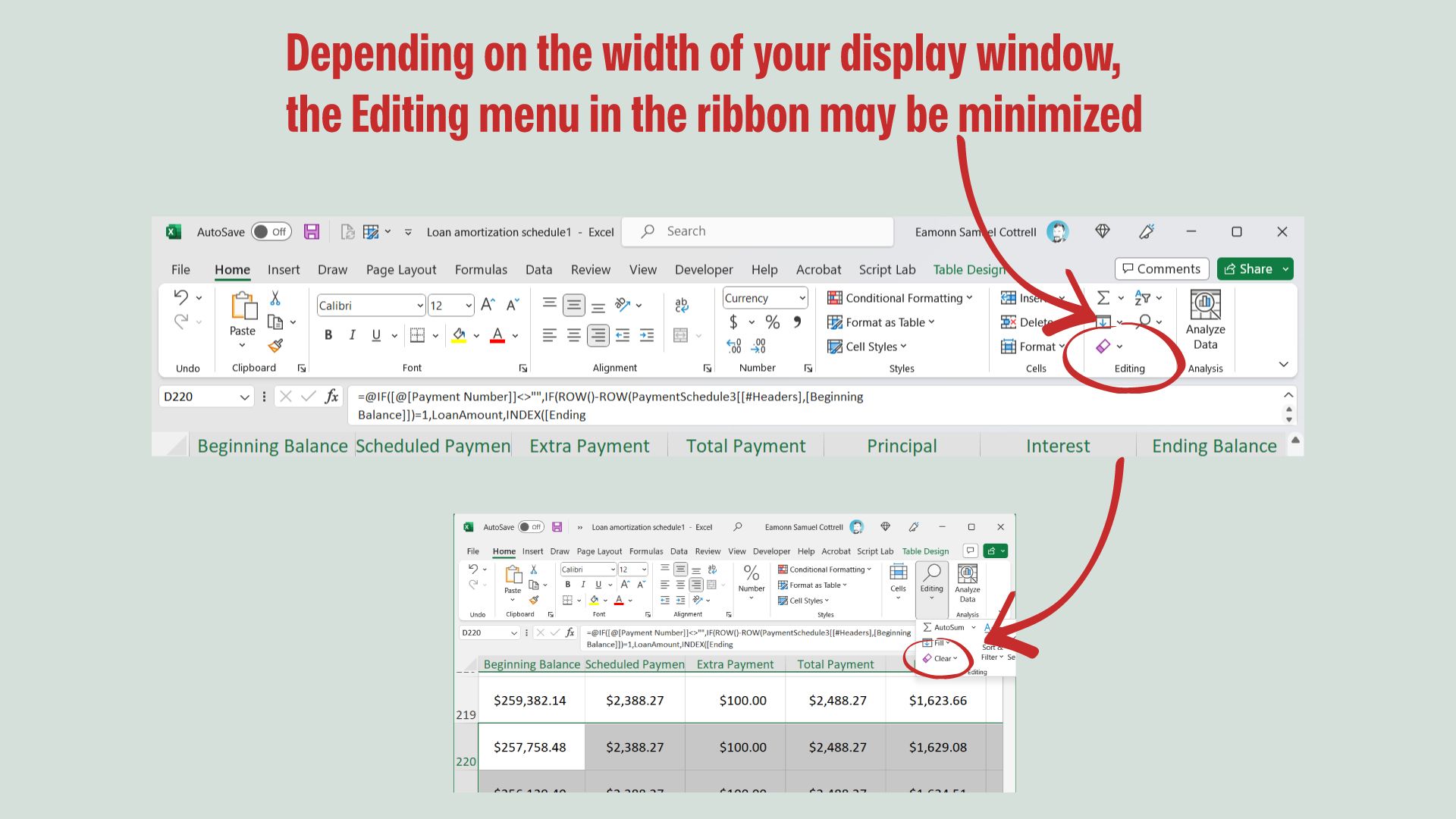 Excel screenshots of the editing window