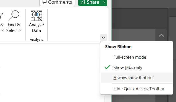 Excel screenshot of Showing the Ribbon