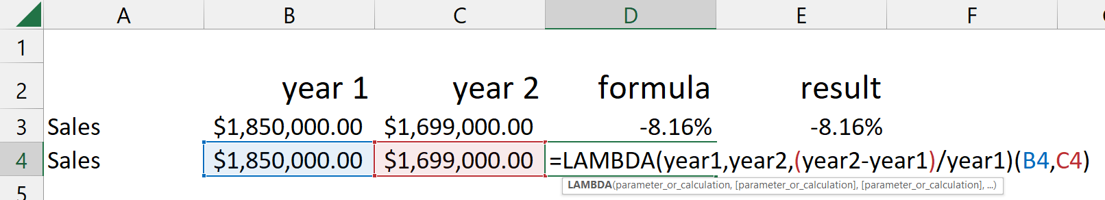 Screenshot of Excel Lambda function