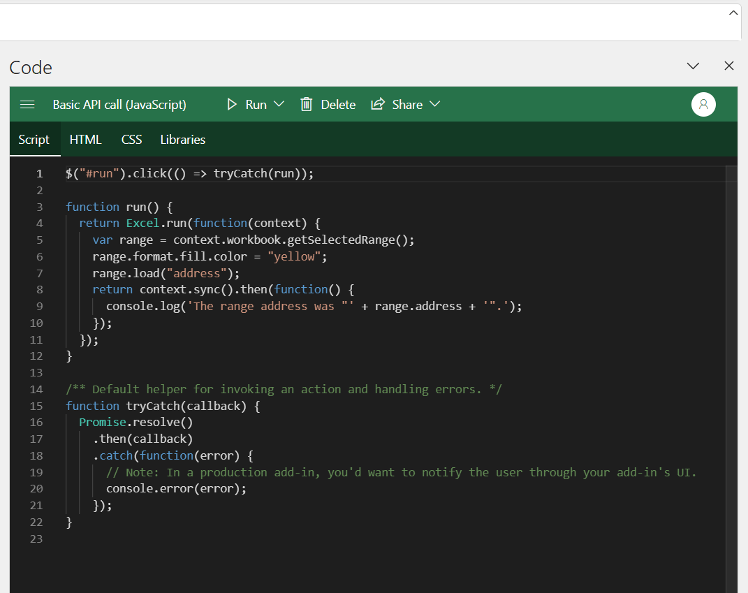 Screenshot of Script Labs Code Editor in Excel