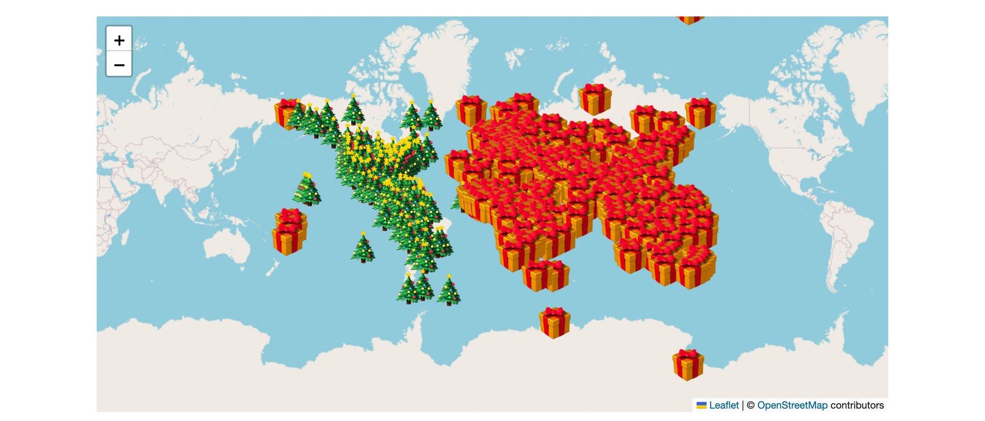 Map showing gifts where Santa has already been