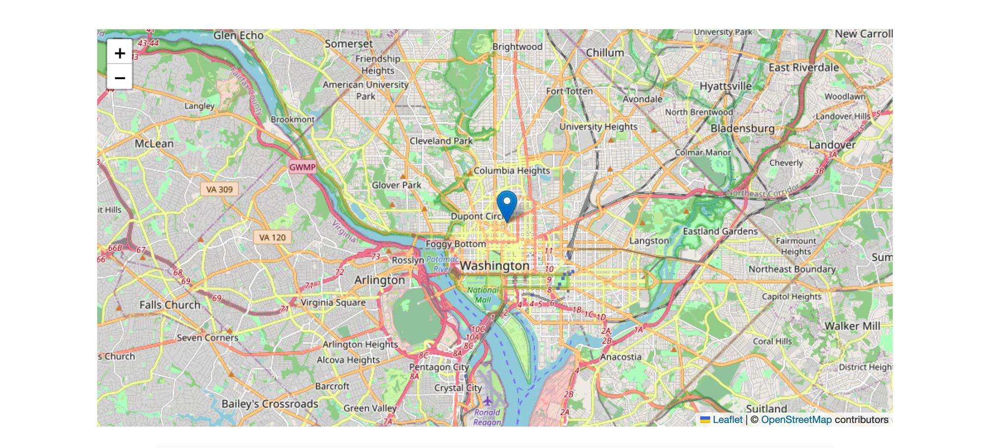 Map showing pin on Washington, DC
