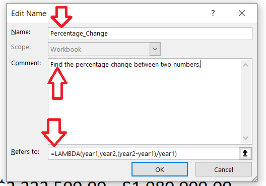 Screenshot of Named Function in Excel